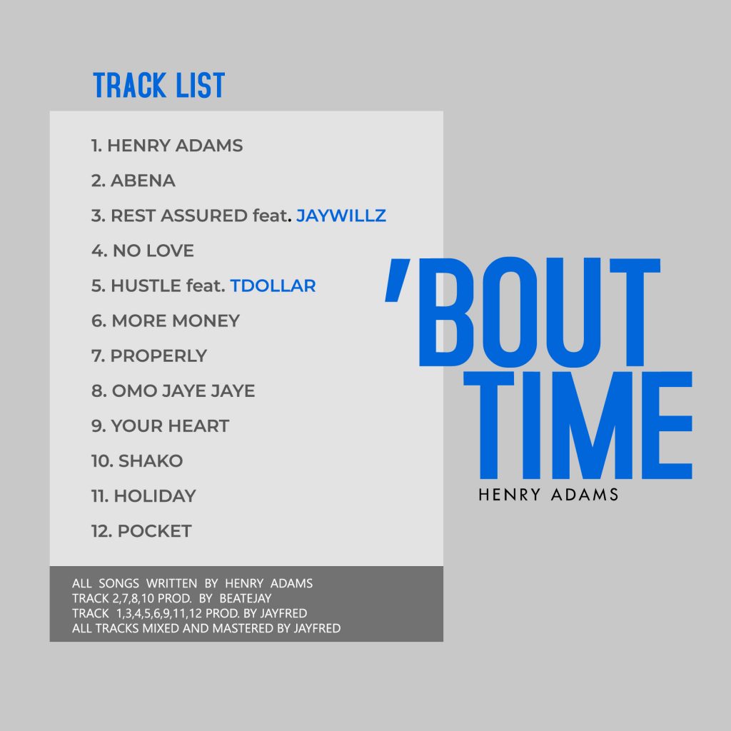 Henry Adams' 'Bout Time' tracks list and credits. 