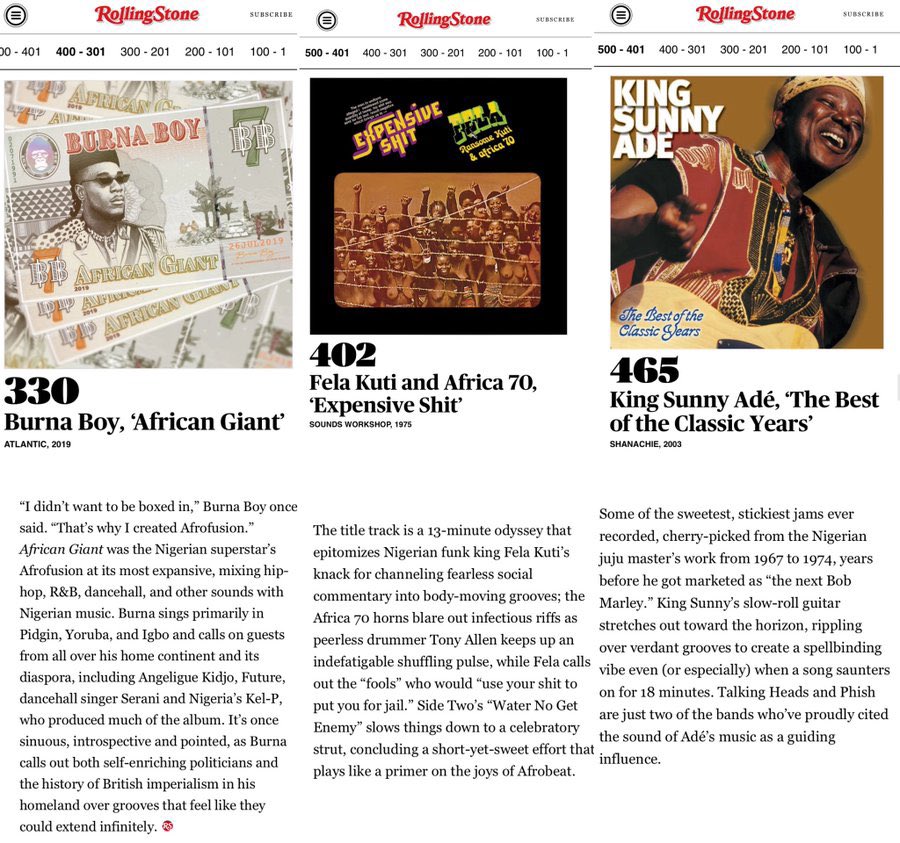 Three Nigerian Albums on The Rolling Stone List