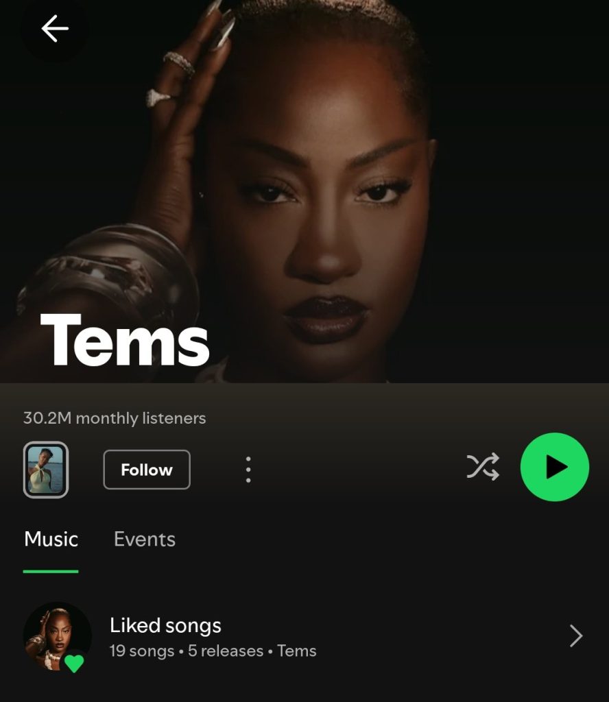 Tems with 30.2M Monthly Listeners