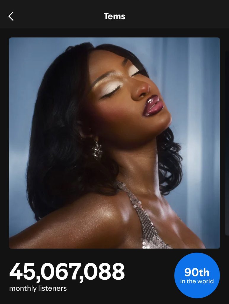 Tems With Over 45 Million Spotify Streams & 90th overall 