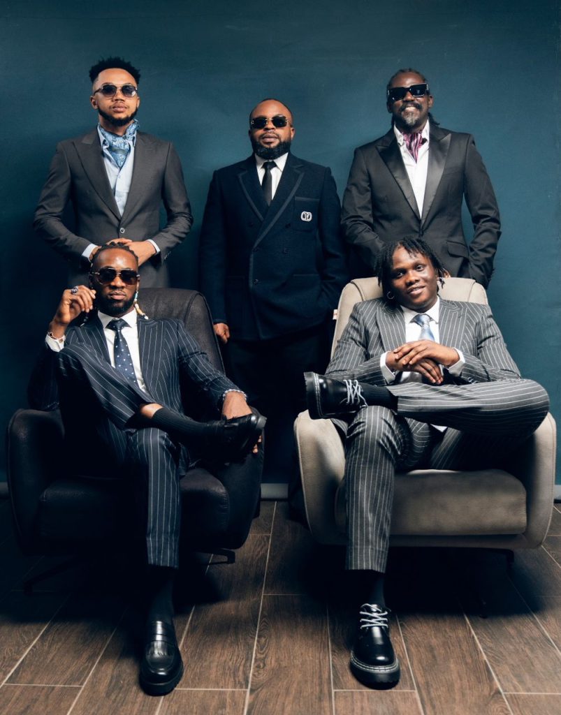 At back from left to right:  @kingmaker_cee Creative Director/ Senior A&R || @de.clarks Founder/CEO || @sir_rayifie Managing Director/ Senior A&R. In front from left to right: @verchimusic Artist || @majeeedofficial Artist.