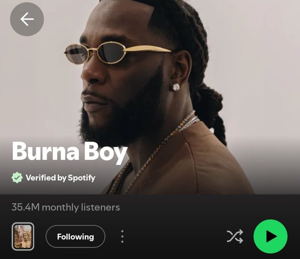 Burna Boy on 35.4 Million Monthly Listeners